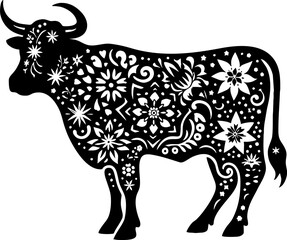 Cattle Solid Black Vector Silhouette in Traditional Mexican Folk Art Style

