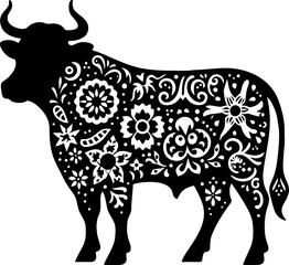 Cattle Solid Black Vector Silhouette in Traditional Mexican Folk Art Style


