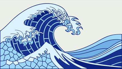 Stylized depiction of a large ocean wave with geometric patterns and varying shades of blue color palette