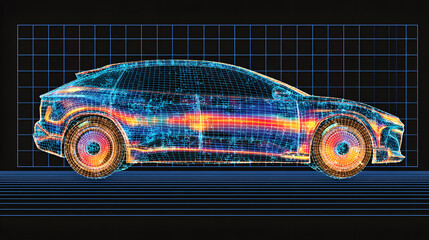 Futuristic Car Wireframe on Grid Background, Blue and Orange Design