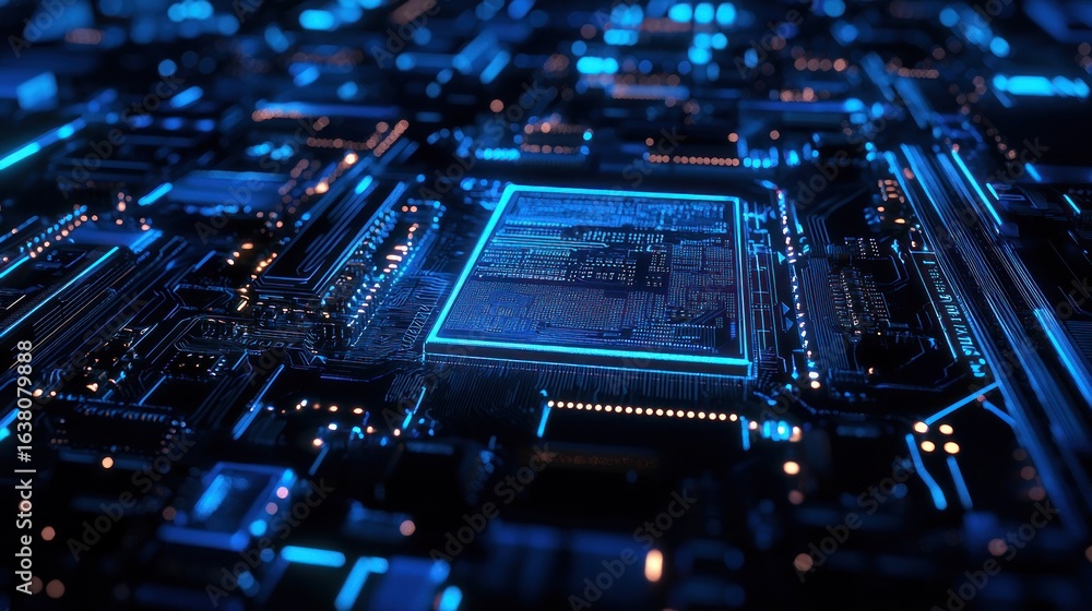 Poster blue illuminated circuit board with central processor