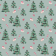 Christmas forest seamless pattern. Winter forest design. Christmas kids pattern. Hand drawn with watercolor. Gender neutral repeat pattern. For textile, fabric, packaging