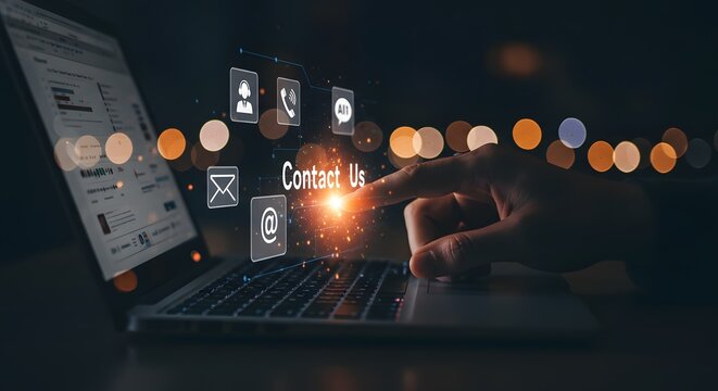 Contact Us: Hand Touching Virtual Icons for Communication and Support on Laptop