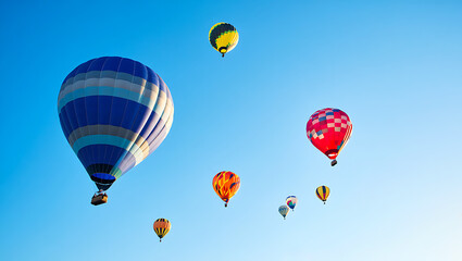Obraz premium Multiple colorful hot air balloons floating in clear blue sky