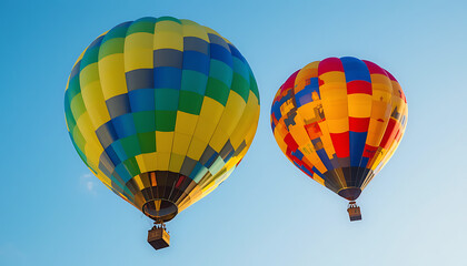 Naklejka premium Two colorful hot air balloons floating in a clear blue sky 2