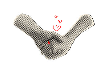 couple holding hands in halftone style,trendy collage elements,heart doodles