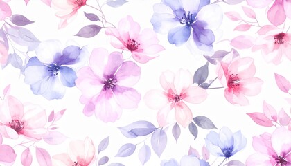 Obraz premium Soft watercolor floral shapes blending pastel pinks, purples, and blues with gentle brush strokes on white background.