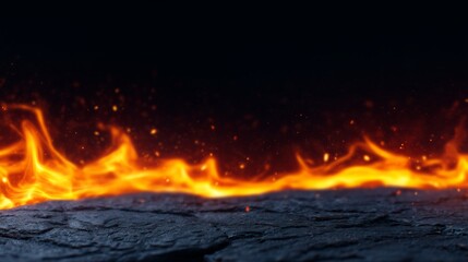 Fiery flames lick a dark stone surface.