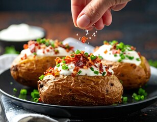Hand Sprinkling Seasoning On Baked Potatoes