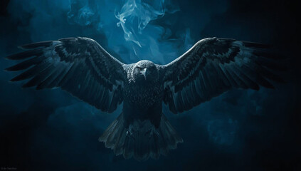 A powerful eagle with outstretched wings stares forward from a mysterious dark blue, smoky background.