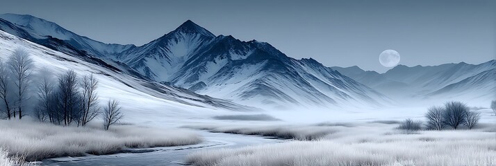 Serene winter landscape with snow covered mountains a tranquil river and a full moon in a clear sky