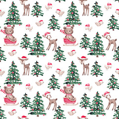 Christmas seamless pattern with woodland animals. Winter forest design. Merry Christmas kids pattern. Hand drawn with watercolor. Christmas scene repeat pattern for textile, fabric, packaging