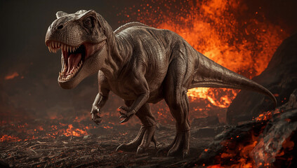 A massive Tyrannosaurus Rex roars fiercely in a prehistoric landscape engulfed by fire and volcanic explosions.