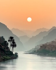 Serene Sunrise Over a Majestic Mountain Valley River with Ancient Village Settlements