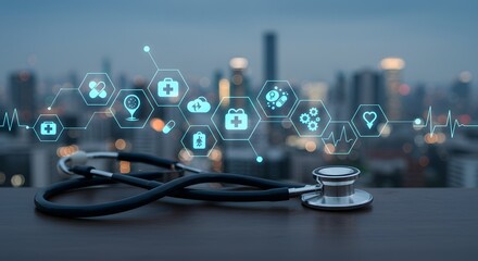 Digital Health Network with Stethoscope and Cityscape Background