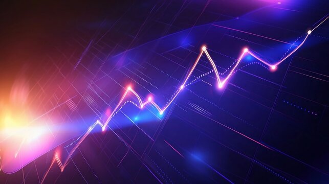 Glowing vector data analysis chart with smooth curved lines and a dark background with geometric light patterns