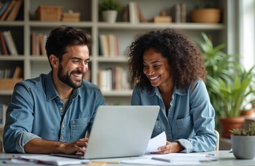 Happy couple planning future finance together looking at laptop screen in home office. Smiling man, woman collaborate on financial harmony, discussing business. Technology use for education, family