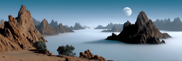Serene Alien Landscape with Jagged Mountains and Ethereal Mist under a Distant Moon