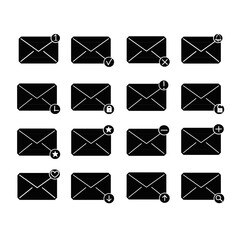 Set of white outline email icons with various notification symbols, including alerts, locks, stars, clocks, and status indicators, on a black background.