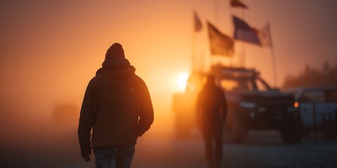 Two people walk towards a stunning sunrise on a foggy desert landscape with flags and off road vehicles in the background