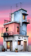 A colorful multi-story building at sunset with vibrant pink and blue sky