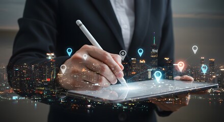 Digital Mapping and Navigation Concept: Person Using Stylus on Tablet with Cityscape Overlay and Location Pins