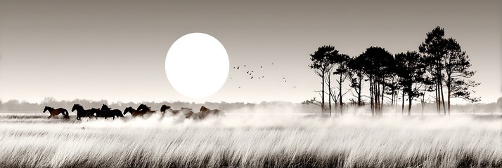 Majestic Horses Galloping Through a Misty Meadow Under a Bright Sun and Tall Trees