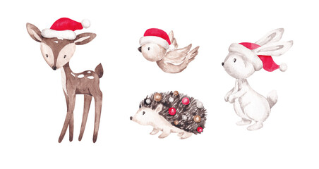 Christmas clip art with bunny, bird, deer and hedgehog. Merry Christmas kids illustrations. Hand drawn with watercolor. Christmas card design elements. Forest animals set