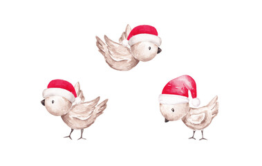 Christmas clip art with bunny, foxes and trees. Merry Christmas kids illustrations. Hand drawn with watercolor. Christmas card design elements. Forest animals set