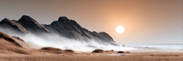 Misty coastal landscape with sun rising over rugged cliffs and sandy dunes