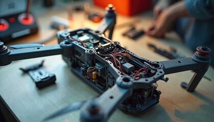 Engineer assembles drone parts. Hands connect wires on circuit board inside aircraft frame. Closeup on diy aerial vehicle construction with tools and components on workshop table.