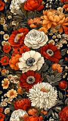 Fototapeta premium A rich tapestry of vibrant autumn flowers in varying shades of red, orange, and cream.