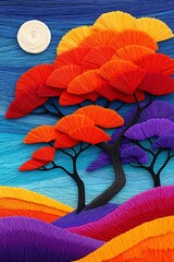 Vibrant Abstract Landscape with Textured Trees and a Full Moon Under a Starry Sky