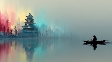 Serene Journey on a Misty Lake Toward an Ancient Asian Pagoda Under a Colorful Sky