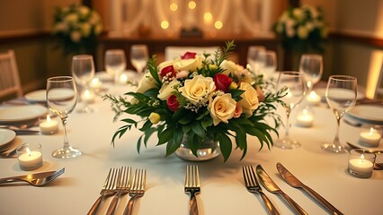 Elegant wedding buffet table with floral centerpiece and polished silverware in warm ambient lighting.