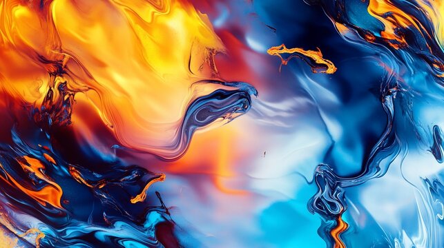 Abstract fluid art with dynamic waves of orange and blue colors creating a mesmerizing pattern