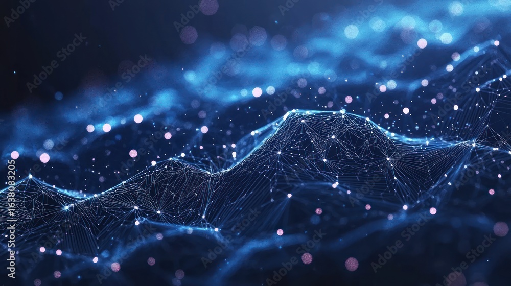 Poster graph grows. low poly wireframe mesh looks like constellation on dark blue background with dots and 