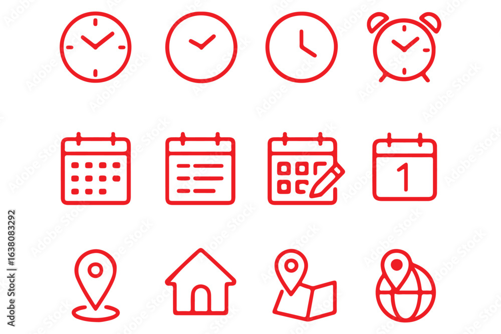 Poster time, date and location editable stroke outline icons set. address line icons and navigation outline