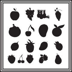 Fruit Icons Set, Black Silhouette Collection of Apples, Grapes, Mangoes, and More - Vector Illustrations