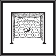 Soccer Goal Net with Ball in the Center, Black and White Vector Illustration of Scoring Moment