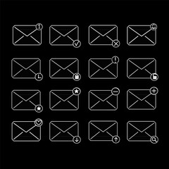 Set of white outline email icons with various notification symbols, including alerts, locks, stars, clocks, and status indicators, on a black background.