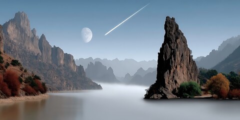 Dramatic mountain landscape with a lake and a passing meteor in the sky