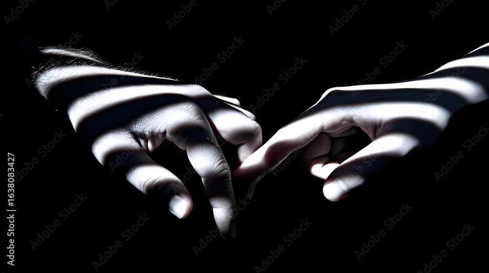 Poster close-up of two hands in shadow with parallel light patterns.