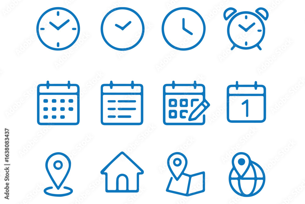 Poster time, date and location editable stroke outline icons set. address line icons and navigation outline