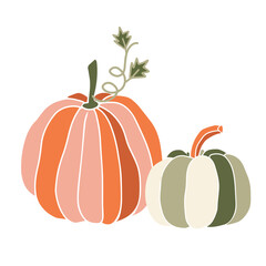 Big and small rustic pumpkin in orange and green colors isolated on white background. Perfect for fall themed decor, invitations, seasonal packaging, and greeting cards