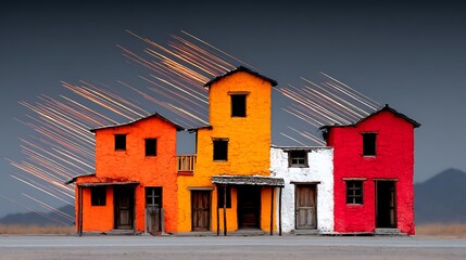 Vibrant Southwest Adobe Village Under a Dramatic Sky with Streaks of Light