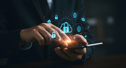 Digital Security and Cloud Computing Concept: Person Using Smartphone with Futuristic Interface and Icons