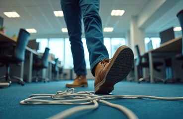 Man legs in jeans and brown shoes walk across blue office carpet. He is about to trip over a white electrical cord lying on the floor. This hazard presents a risk of falling and injury.