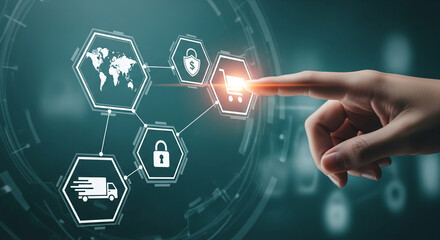 Hand interacts with digital interface showing global network, security, and online shopping cart, symbolizing secure e-commerce and global reach