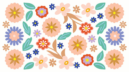 Obraz premium Assorted floral pattern with peach, blue, and red flowers and green leaves on a white background artful design